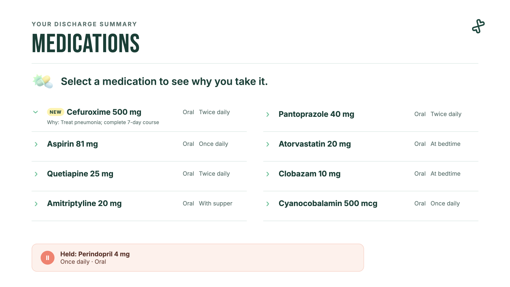 A discharge summary medications list, paused so the viewer can select a medication.